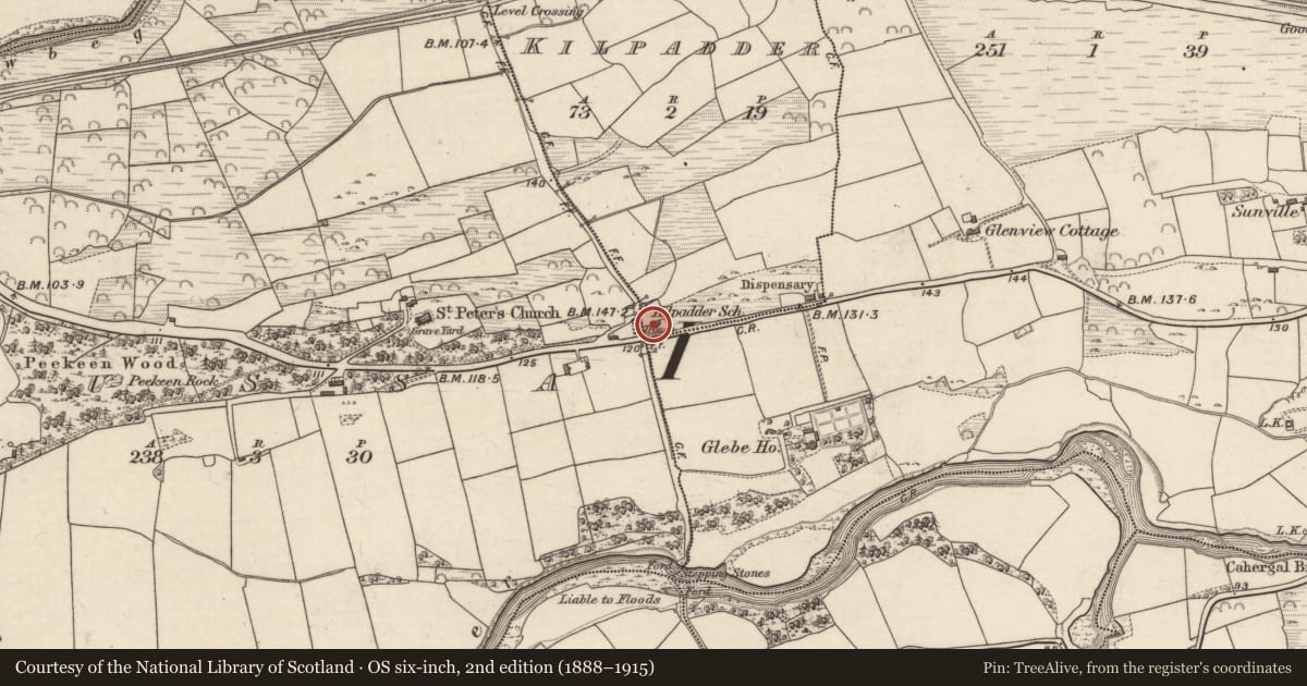 Ordnance Survey six-inch map, 2nd edition (1888–1915) covering the location of School, Kilpadder, County Kerry, with a pin at the register's coordinates