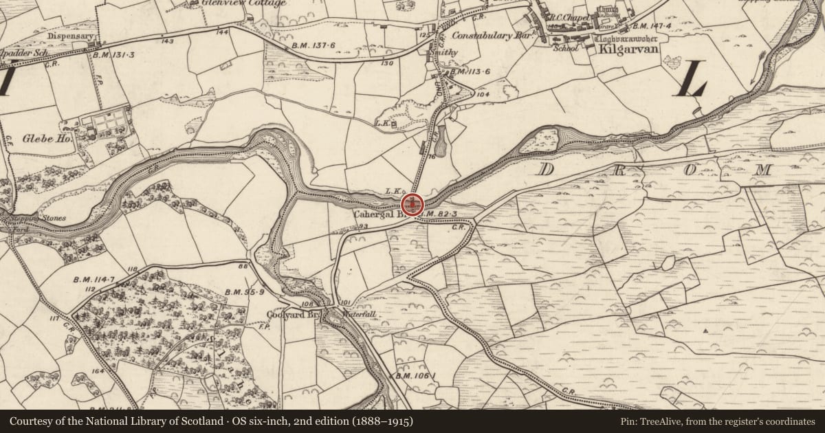 Ordnance Survey six-inch map, 2nd edition (1888–1915) covering the location of Bridge, Churchground, Gortnaboul, County Kerry, with a pin at the register's coordinates