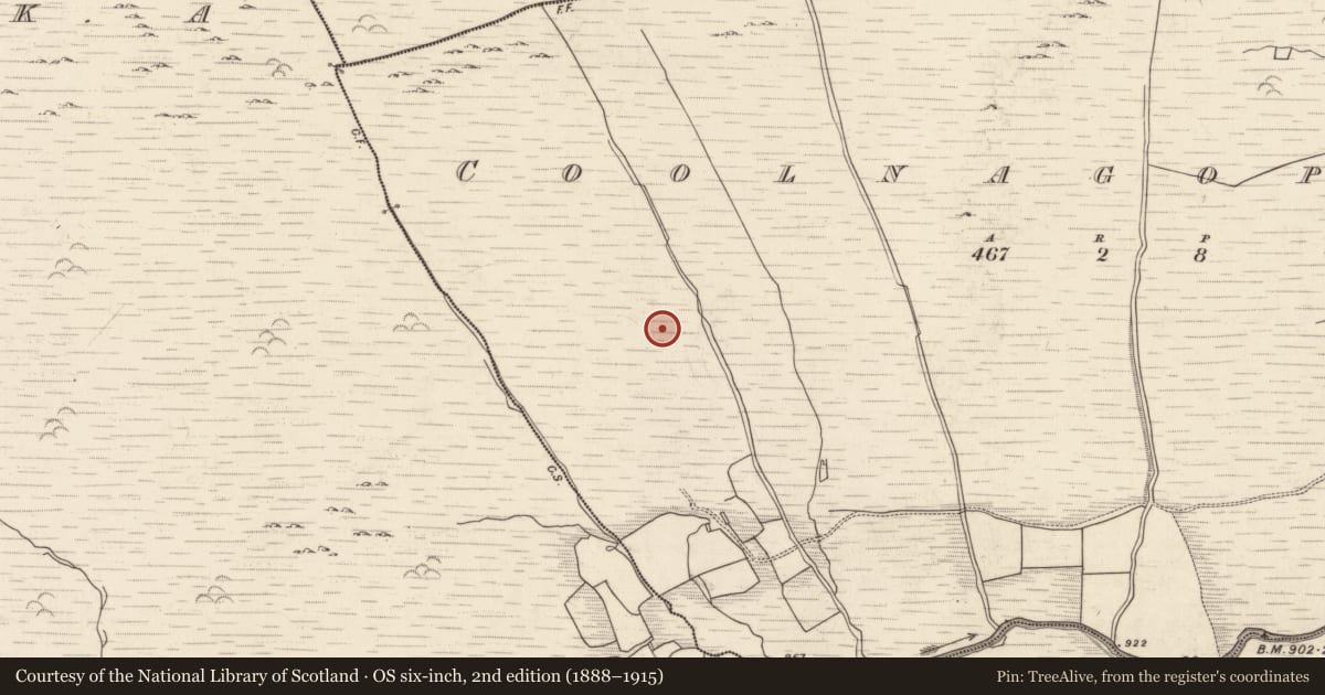 Ordnance Survey six-inch map, 2nd edition (1888–1915) covering the location of Enclosure, Coolnagoppoge, County Kerry, with a pin at the register's coordinates