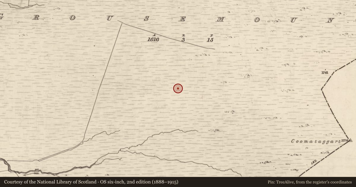 Ordnance Survey six-inch map, 2nd edition (1888–1915) covering the location of Hut site, Grousemount, County Kerry, with a pin at the register's coordinates