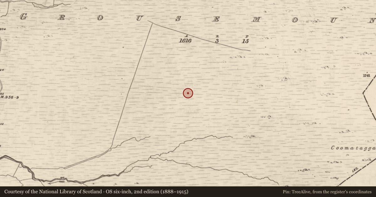 Ordnance Survey six-inch map, 2nd edition (1888–1915) covering the location of Hut site, Grousemount, County Kerry, with a pin at the register's coordinates