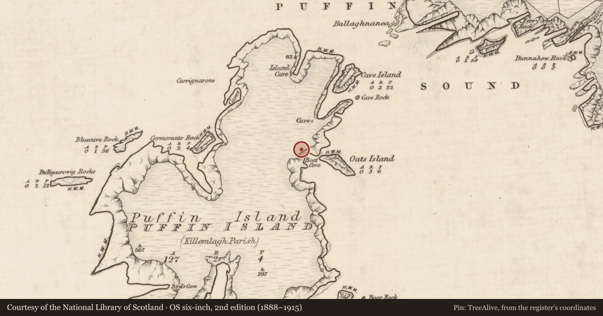 Ordnance Survey six-inch map, 2nd edition (1888–1915) covering the location of Enclosure, Oileán Na Gcánóg, County Kerry, with a pin at the register's coordinates