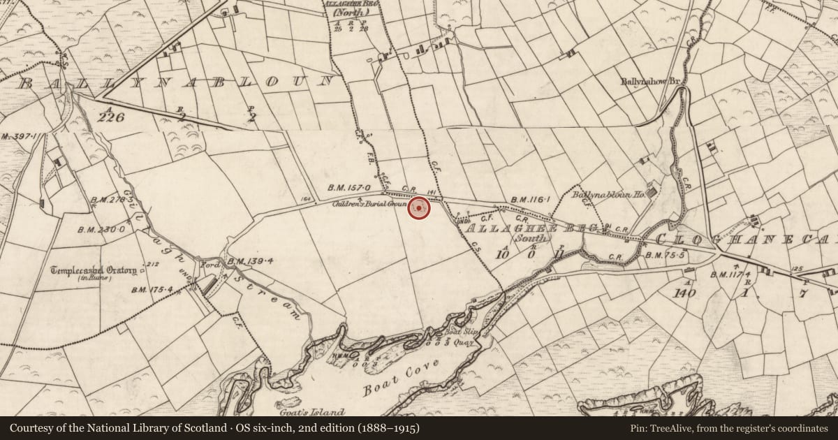 Ordnance Survey six-inch map, 2nd edition (1888–1915) covering the location of Children's burial ground, Baile Na Bhflann, County Kerry, with a pin at the register's coordinates