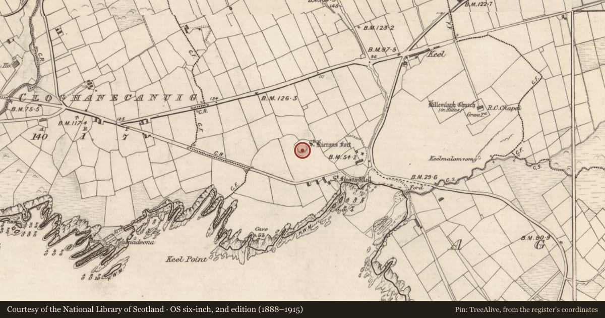 Ordnance Survey six-inch map, 2nd edition (1888–1915) covering the location of Hut site, Ráth Ciaráin, County Kerry, with a pin at the register's coordinates