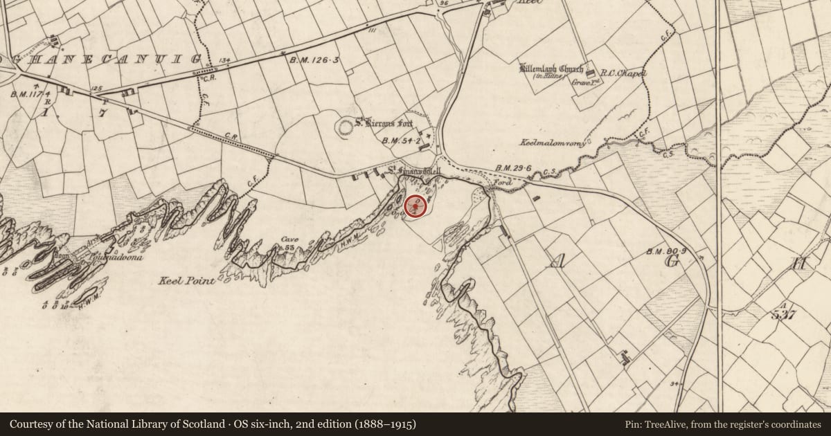 Ordnance Survey six-inch map, 2nd edition (1888–1915) covering the location of Ritual site - holy well, Ráth Ciaráin, County Kerry, with a pin at the register's coordinates
