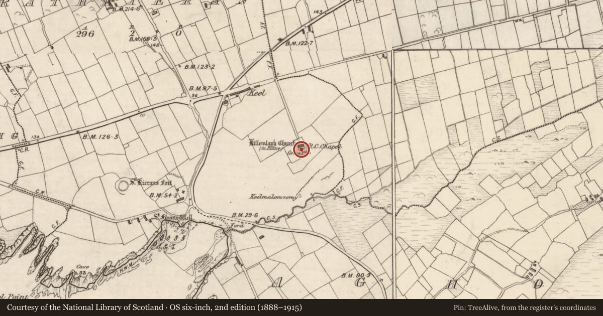 Ordnance Survey six-inch map, 2nd edition (1888–1915) covering the location of Church, Ráth Ciaráin, County Kerry, with a pin at the register's coordinates
