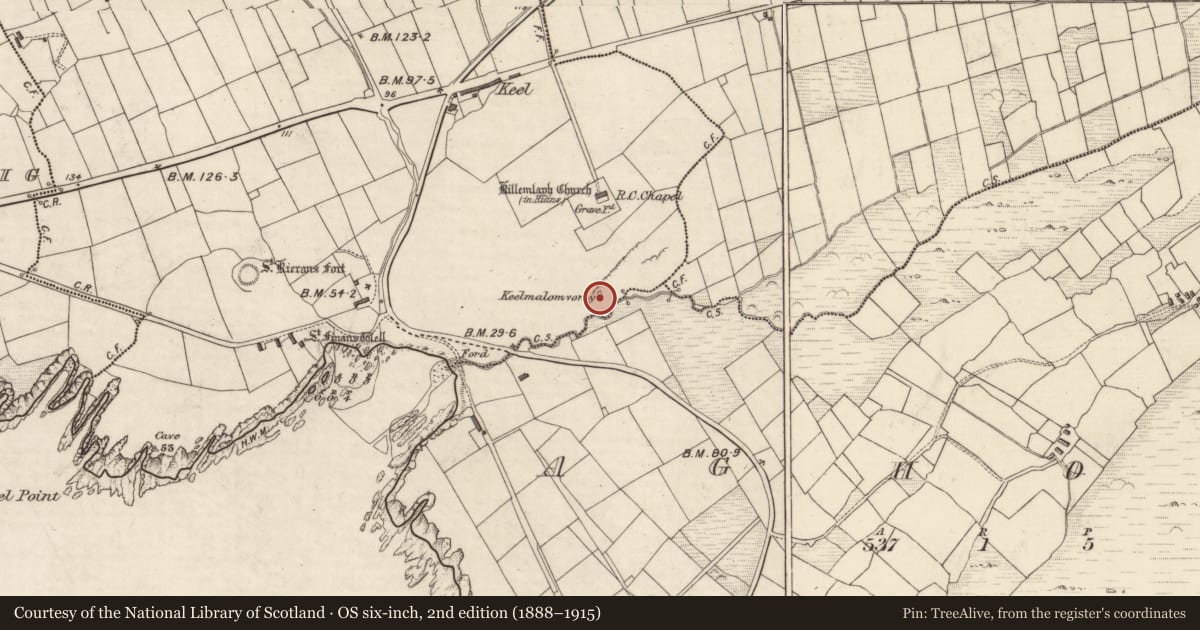 Ordnance Survey six-inch map, 2nd edition (1888–1915) covering the location of Megalithic structure, Ráth Ciaráin, County Kerry, with a pin at the register's coordinates