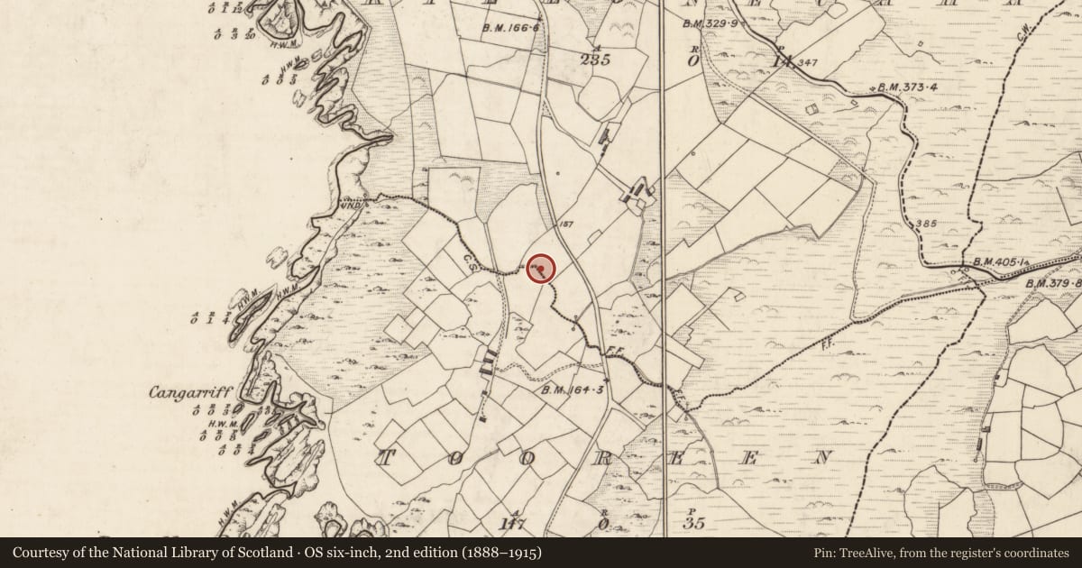 Ordnance Survey six-inch map, 2nd edition (1888–1915) covering the location of Hut site, Cill Ón Chatha, County Kerry, with a pin at the register's coordinates