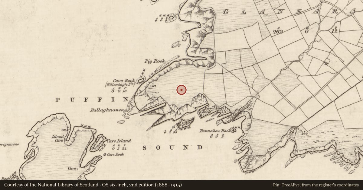 Ordnance Survey six-inch map, 2nd edition (1888–1915) covering the location of Promontory fort - coastal, An Gleann Iarthach, County Kerry, with a pin at the register's coordinates