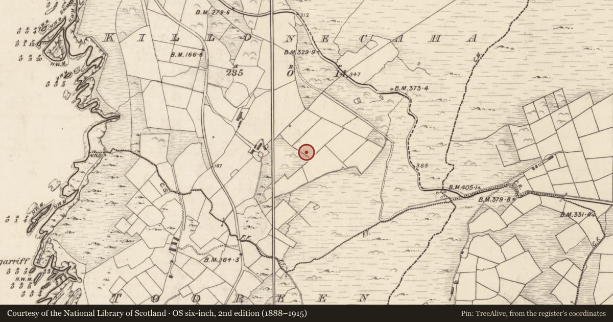 Ordnance Survey six-inch map, 2nd edition (1888–1915) covering the location of Ecclesiastical enclosure, Cill Ón Chatha, County Kerry, with a pin at the register's coordinates