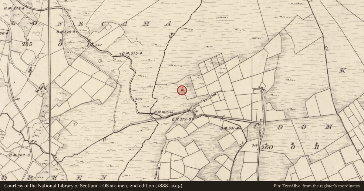 Ordnance Survey six-inch map, 2nd edition (1888–1915) covering the location of Souterrain, An Com (Bar. Uíbh Ráthach), County Kerry, with a pin at the register's coordinates
