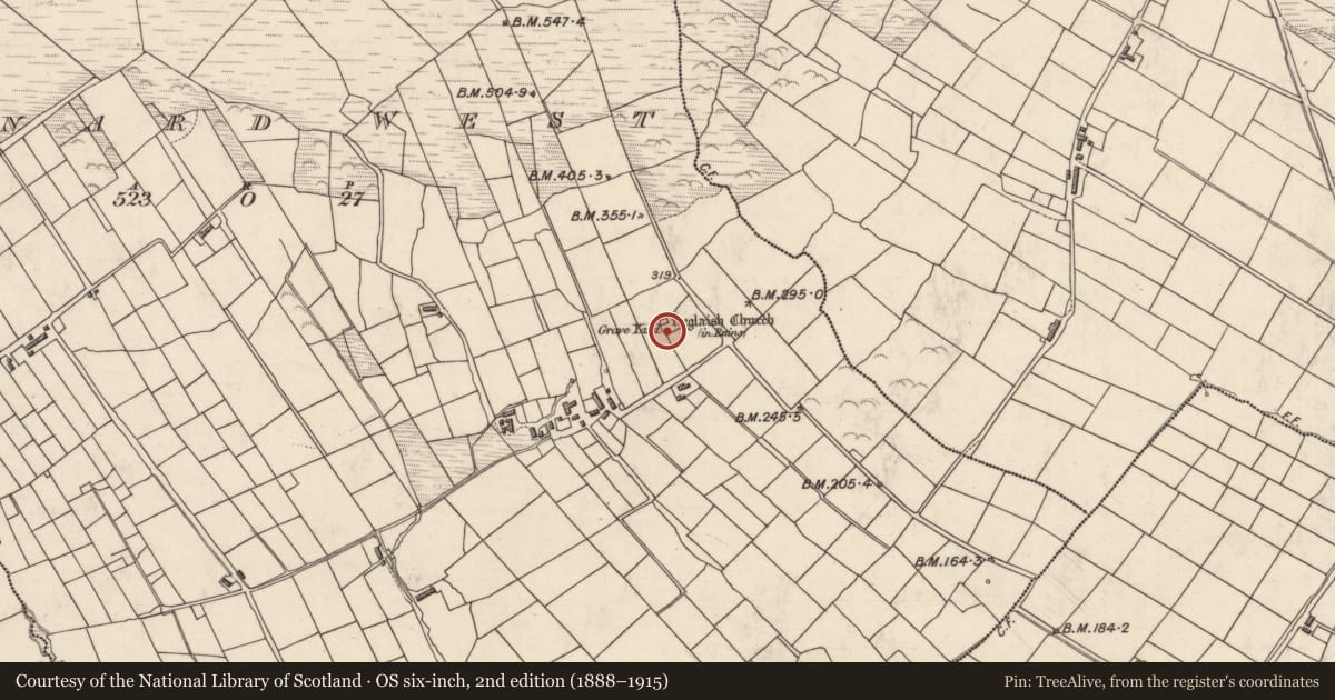 Ordnance Survey six-inch map, 2nd edition (1888–1915) covering the location of Children's burial ground, Cinn Aird Thiar (TC Baile an Sceilg), County Kerry, with a pin at the register's coordinates