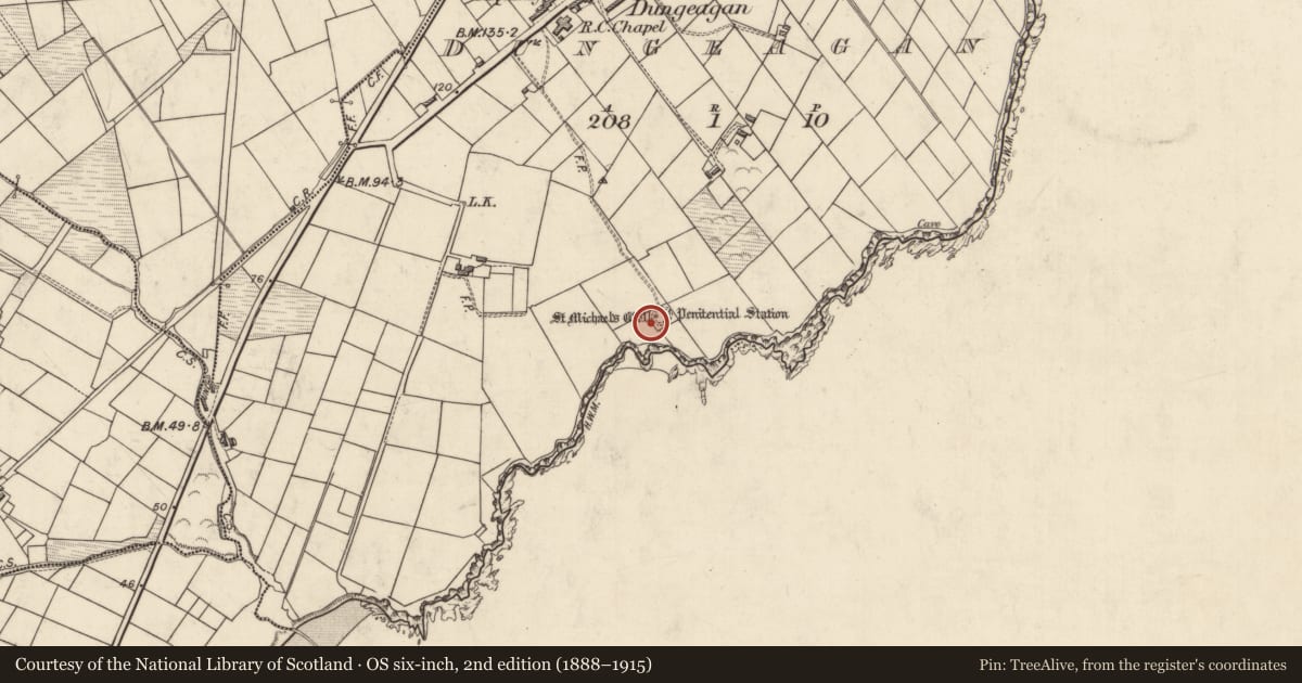 Ordnance Survey six-inch map, 2nd edition (1888–1915) covering the location of Ritual site - holy well, Dungeagan, County Kerry, with a pin at the register's coordinates