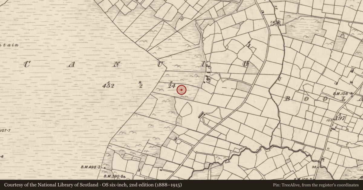 Ordnance Survey six-inch map, 2nd edition (1888–1915) covering the location of Mound, Ceannúigh (TC Baile an Sceilg), County Kerry, with a pin at the register's coordinates