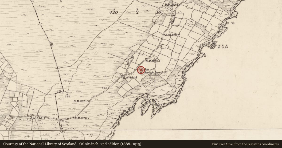 Ordnance Survey six-inch map, 2nd edition (1888–1915) covering the location of Church, Cill Rialaigh, County Kerry, with a pin at the register's coordinates