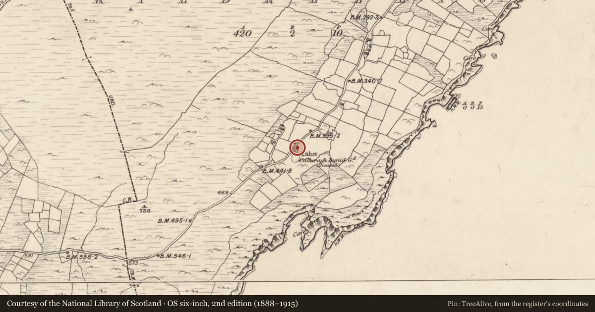 Ordnance Survey six-inch map, 2nd edition (1888–1915) covering the location of Leacht, Cill Rialaigh, County Kerry, with a pin at the register's coordinates