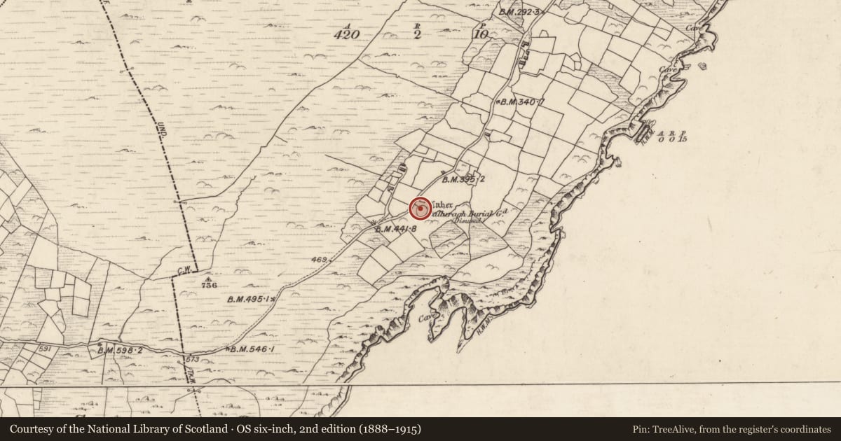 Ordnance Survey six-inch map, 2nd edition (1888–1915) covering the location of Souterrain, Cill Rialaigh, County Kerry, with a pin at the register's coordinates