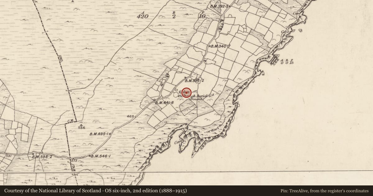 Ordnance Survey six-inch map, 2nd edition (1888–1915) covering the location of Ritual site - holy well, Cill Rialaigh, County Kerry, with a pin at the register's coordinates