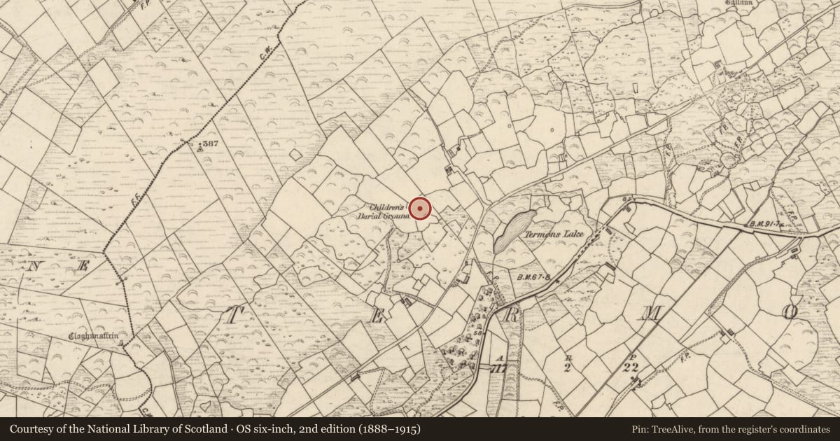 Ordnance Survey six-inch map, 2nd edition (1888–1915) covering the location of Children's burial ground, Termons, County Kerry, with a pin at the register's coordinates