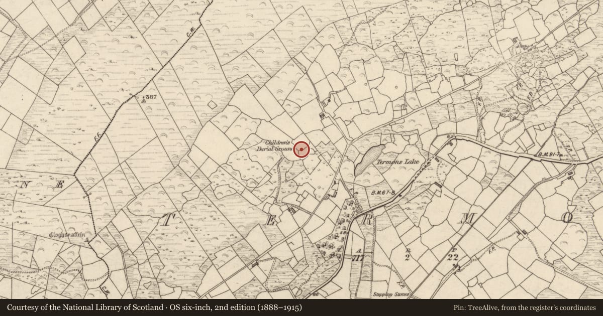 Ordnance Survey six-inch map, 2nd edition (1888–1915) covering the location of Hut site, Termons, County Kerry, with a pin at the register's coordinates
