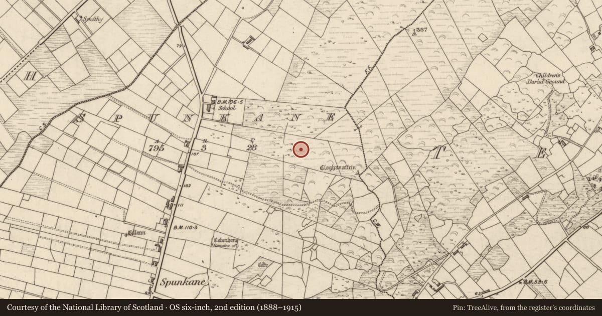 Ordnance Survey six-inch map, 2nd edition (1888–1915) covering the location of Rock art, Spunkane, County Kerry, with a pin at the register's coordinates