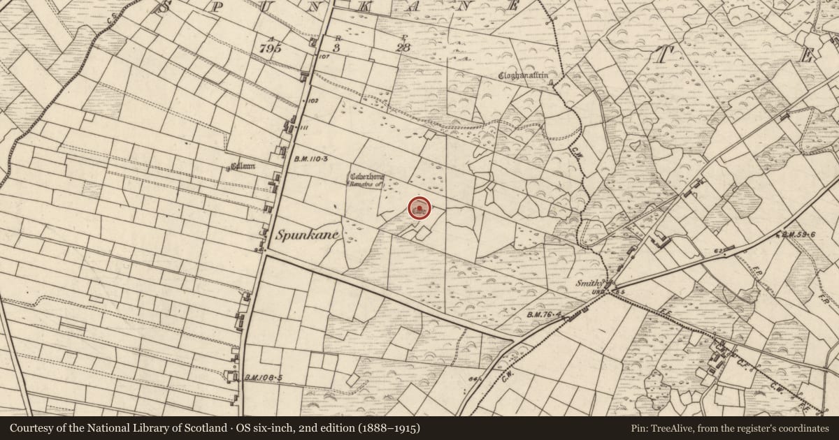 Ordnance Survey six-inch map, 2nd edition (1888–1915) covering the location of Souterrain, Spunkane, County Kerry, with a pin at the register's coordinates