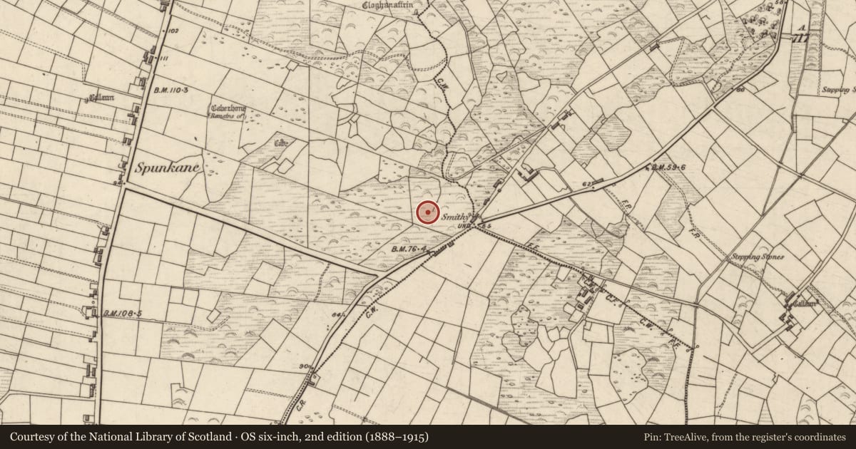 Ordnance Survey six-inch map, 2nd edition (1888–1915) covering the location of Ringfort - cashel, Spunkane, County Kerry, with a pin at the register's coordinates