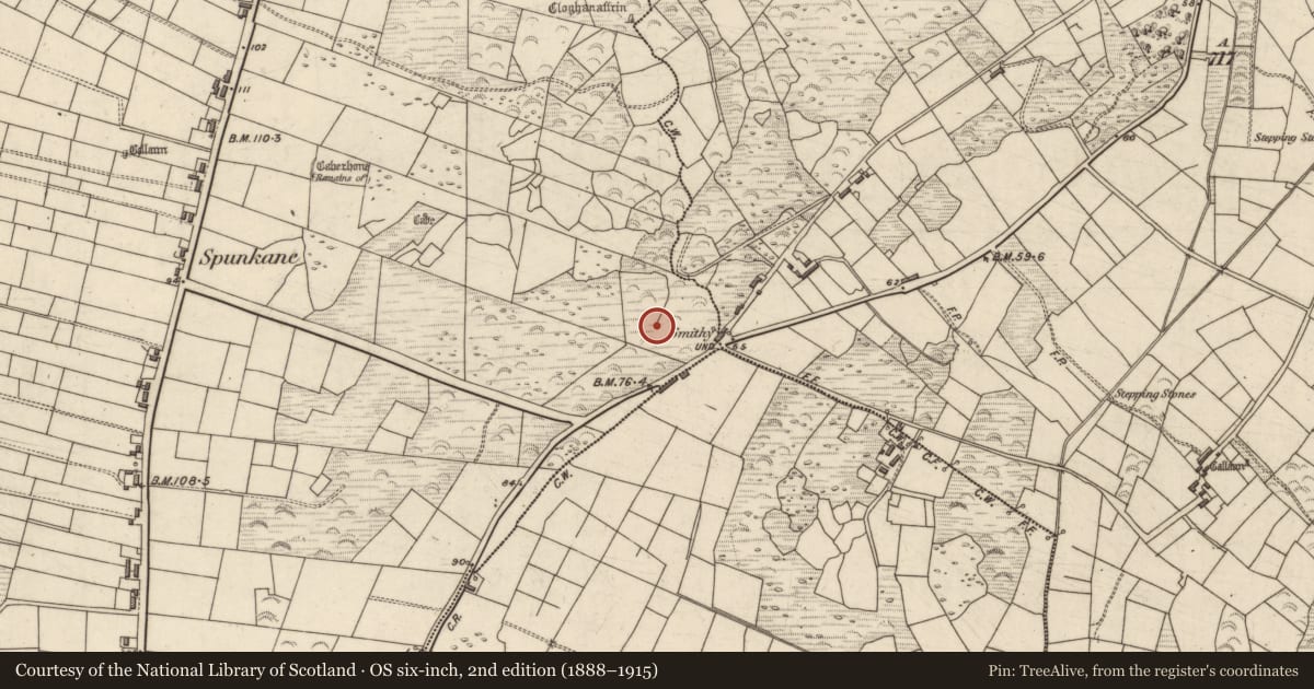 Ordnance Survey six-inch map, 2nd edition (1888–1915) covering the location of Hut site, Spunkane, County Kerry, with a pin at the register's coordinates