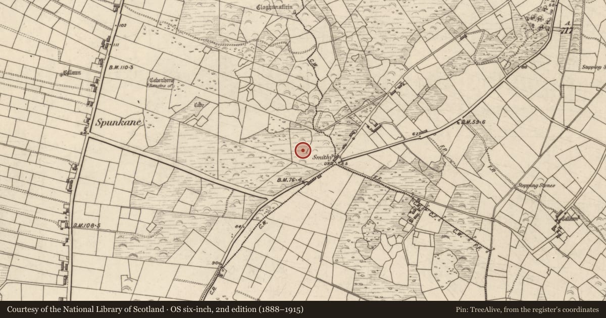 Ordnance Survey six-inch map, 2nd edition (1888–1915) covering the location of Souterrain, Spunkane, County Kerry, with a pin at the register's coordinates