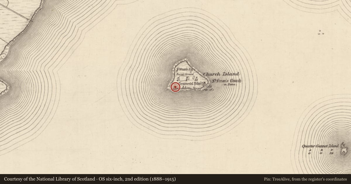 Ordnance Survey six-inch map, 2nd edition (1888–1915) covering the location of Hut site, Church Island, County Kerry, with a pin at the register's coordinates