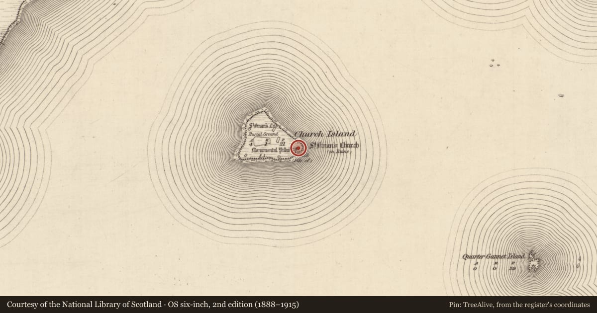 Ordnance Survey six-inch map, 2nd edition (1888–1915) covering the location of Cross-slab, Church Island, County Kerry, with a pin at the register's coordinates
