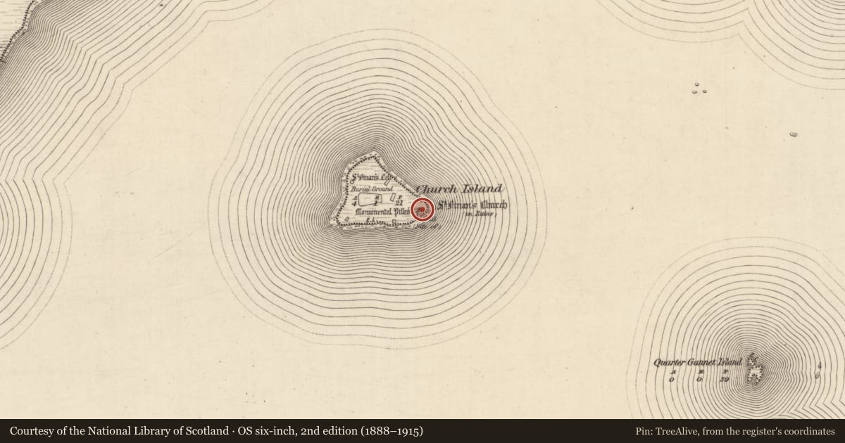 Ordnance Survey six-inch map, 2nd edition (1888–1915) covering the location of Cross-slab, Church Island, County Kerry, with a pin at the register's coordinates