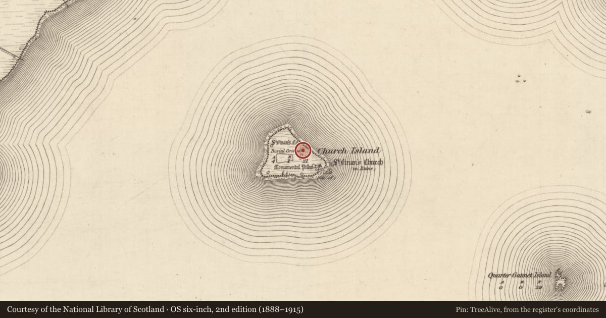Ordnance Survey six-inch map, 2nd edition (1888–1915) covering the location of Causeway, Church Island, County Kerry, with a pin at the register's coordinates