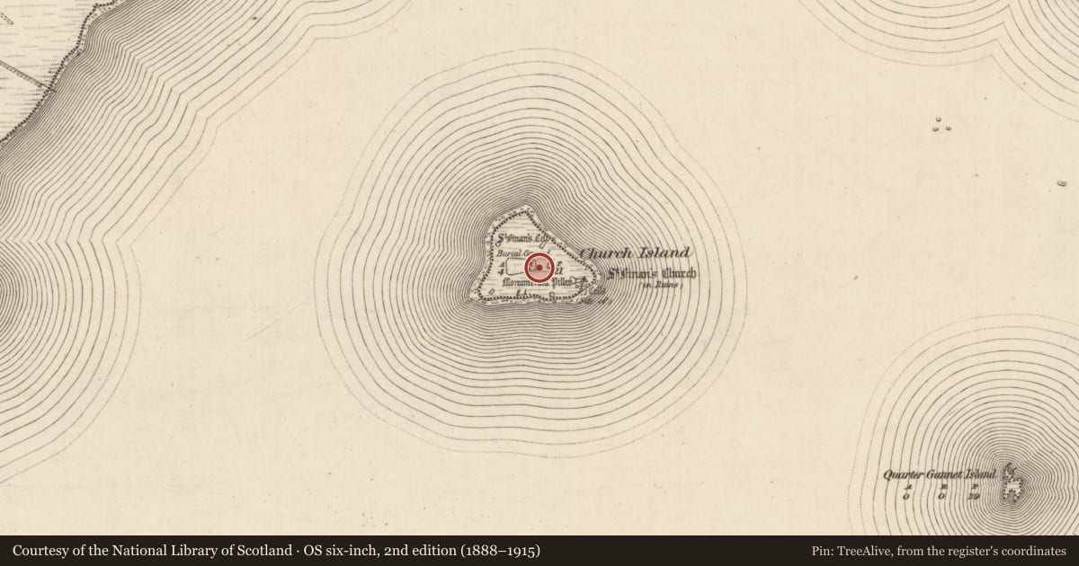 Ordnance Survey six-inch map, 2nd edition (1888–1915) covering the location of Hut site, Church Island, County Kerry, with a pin at the register's coordinates