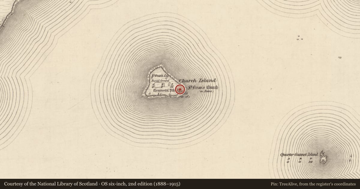 Ordnance Survey six-inch map, 2nd edition (1888–1915) covering the location of Pillar stone, Church Island, County Kerry, with a pin at the register's coordinates