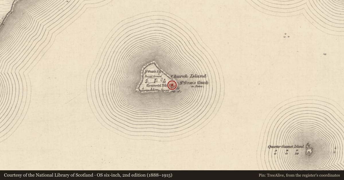 Ordnance Survey six-inch map, 2nd edition (1888–1915) covering the location of Architectural fragment, Church Island, County Kerry, with a pin at the register's coordinates