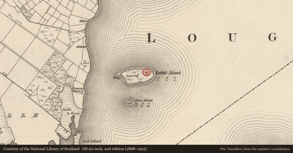 Ordnance Survey six-inch map, 2nd edition (1888–1915) covering the location of Hut site, Rabbit Island, County Kerry, with a pin at the register's coordinates