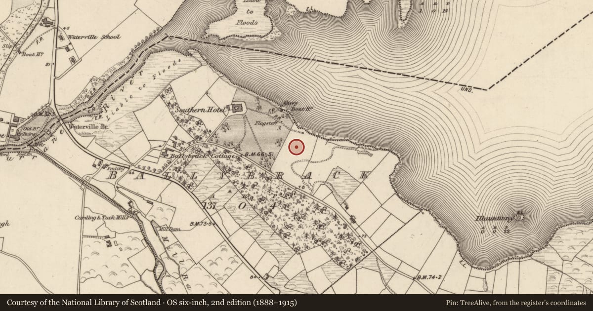 Ordnance Survey six-inch map, 2nd edition (1888–1915) covering the location of Hut site, Ballybrack, County Kerry, with a pin at the register's coordinates