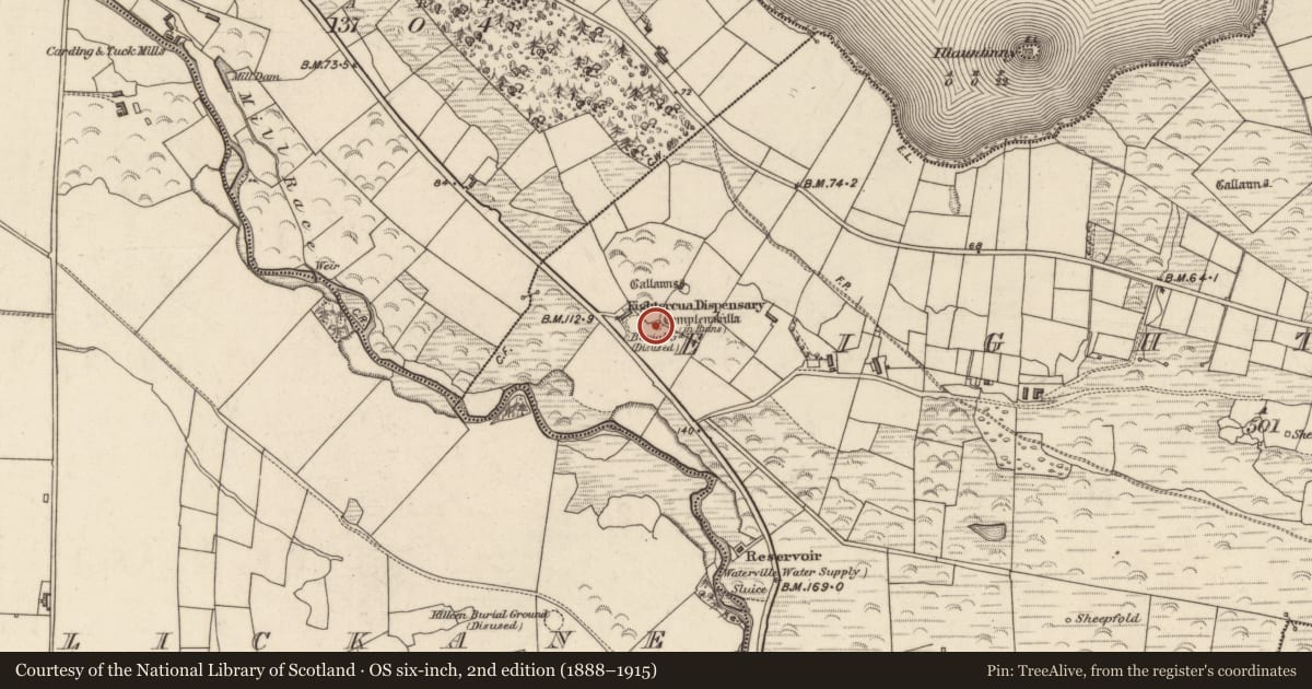 Ordnance Survey six-inch map, 2nd edition (1888–1915) covering the location of Church, Íochtar Cua, County Kerry, with a pin at the register's coordinates