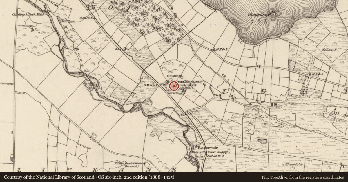 Ordnance Survey six-inch map, 2nd edition (1888–1915) covering the location of Children's burial ground, Íochtar Cua, County Kerry, with a pin at the register's coordinates