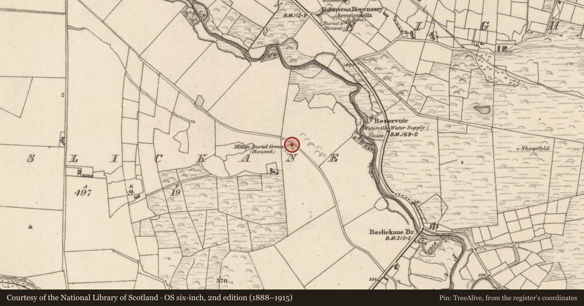 Ordnance Survey six-inch map, 2nd edition (1888–1915) covering the location of Church, Baslickane, County Kerry, with a pin at the register's coordinates