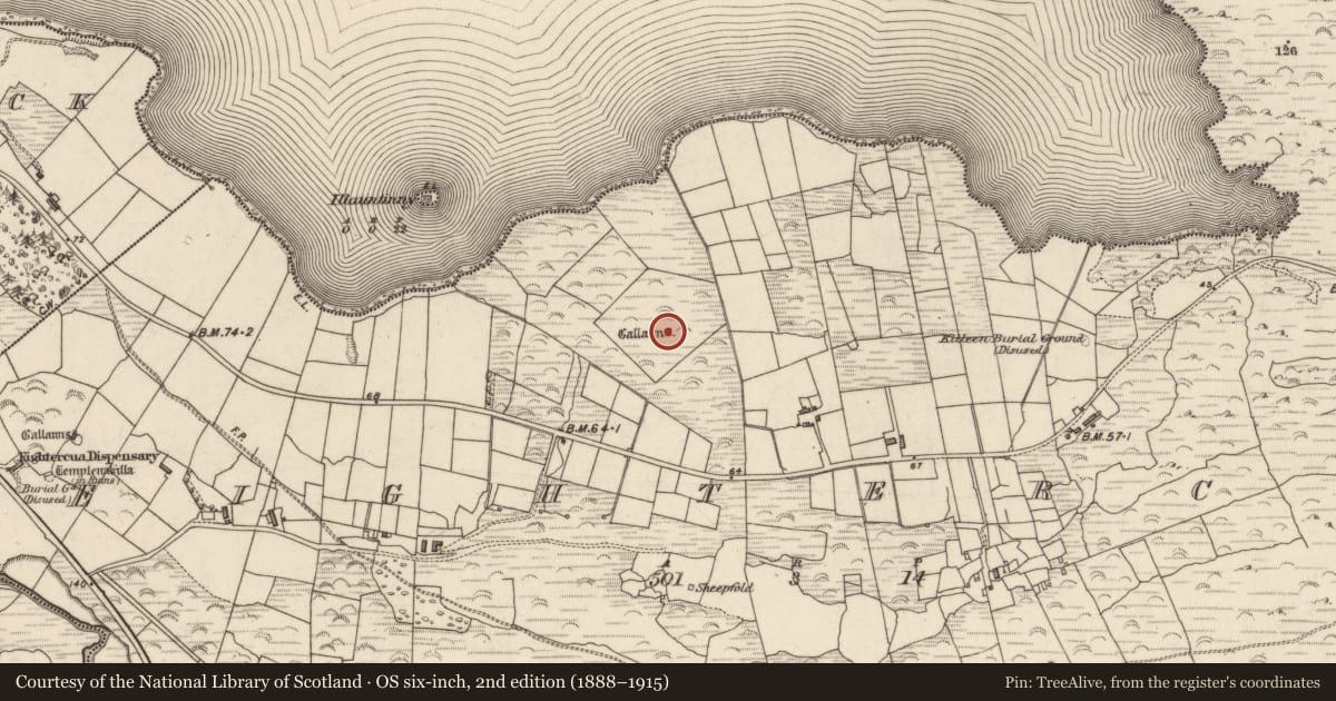 Ordnance Survey six-inch map, 2nd edition (1888–1915) covering the location of Standing stone, Íochtar Cua, County Kerry, with a pin at the register's coordinates