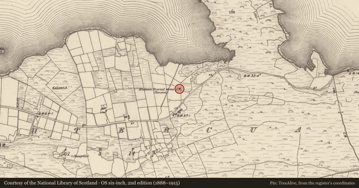 Ordnance Survey six-inch map, 2nd edition (1888–1915) covering the location of Children's burial ground, Íochtar Cua, County Kerry, with a pin at the register's coordinates