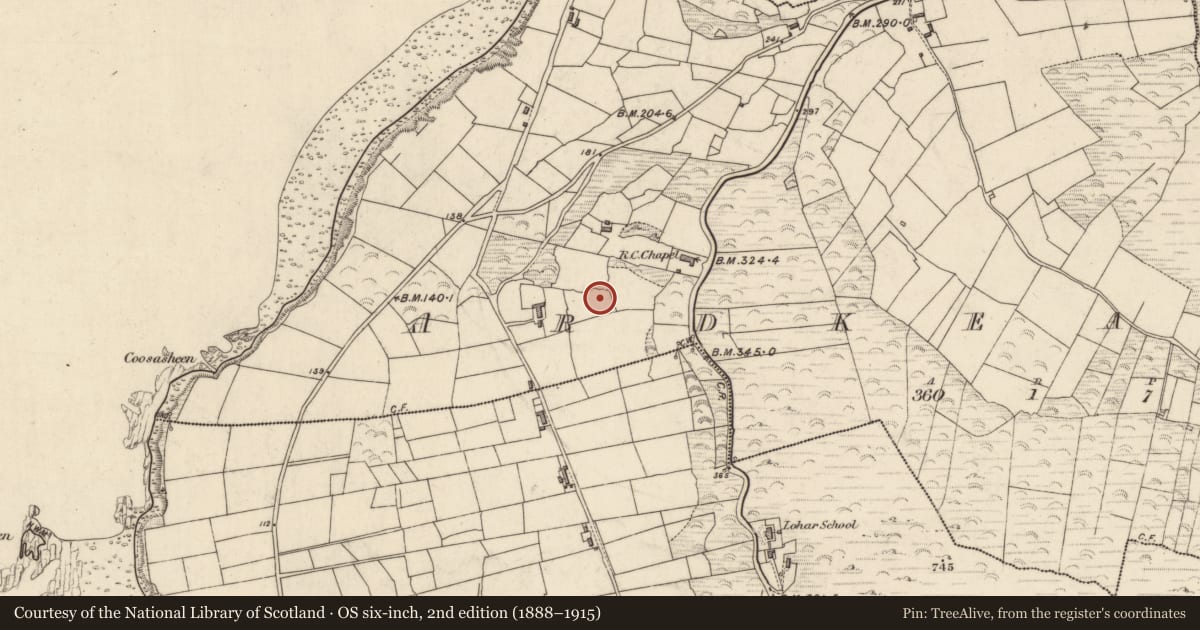 Ordnance Survey six-inch map, 2nd edition (1888–1915) covering the location of Children's burial ground, Ardkearagh, County Kerry, with a pin at the register's coordinates