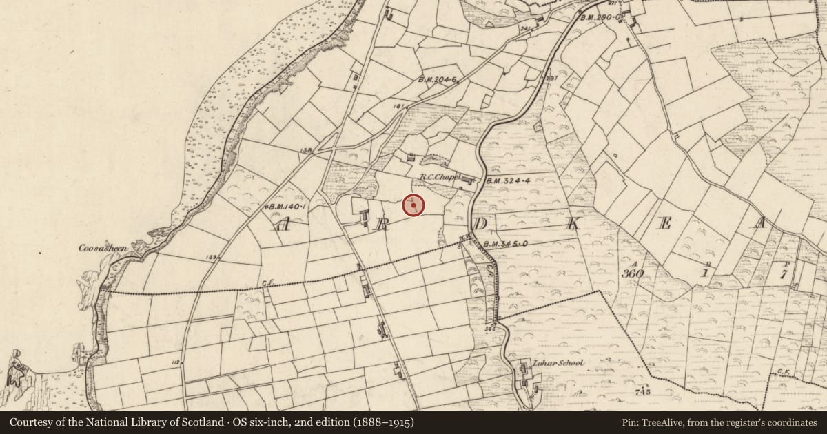 Ordnance Survey six-inch map, 2nd edition (1888–1915) covering the location of Cross-slab, Ardkearagh, County Kerry, with a pin at the register's coordinates