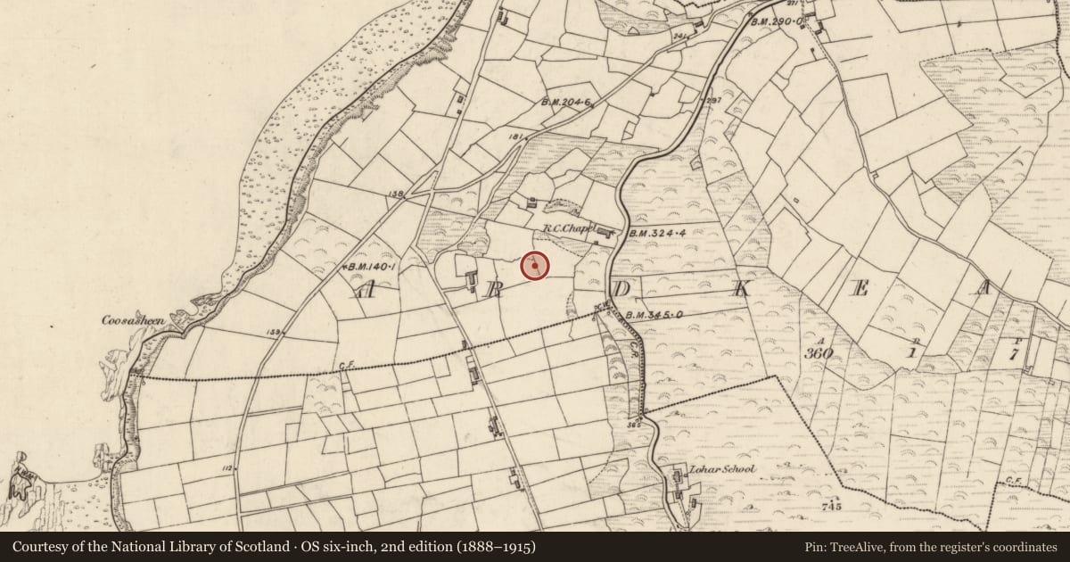 Ordnance Survey six-inch map, 2nd edition (1888–1915) covering the location of Leacht, Ardkearagh, County Kerry, with a pin at the register's coordinates