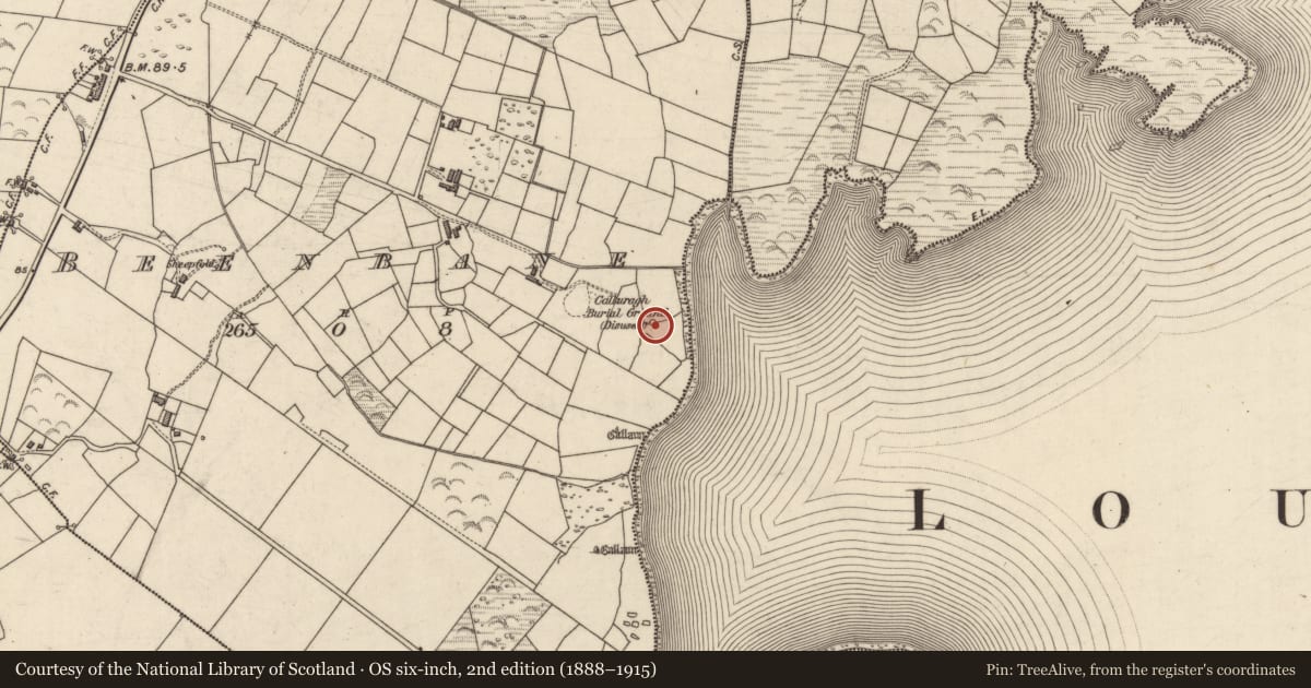 Ordnance Survey six-inch map, 2nd edition (1888–1915) covering the location of Souterrain, An Bhinn Bhán (Uíbh Ráthach), County Kerry, with a pin at the register's coordinates
