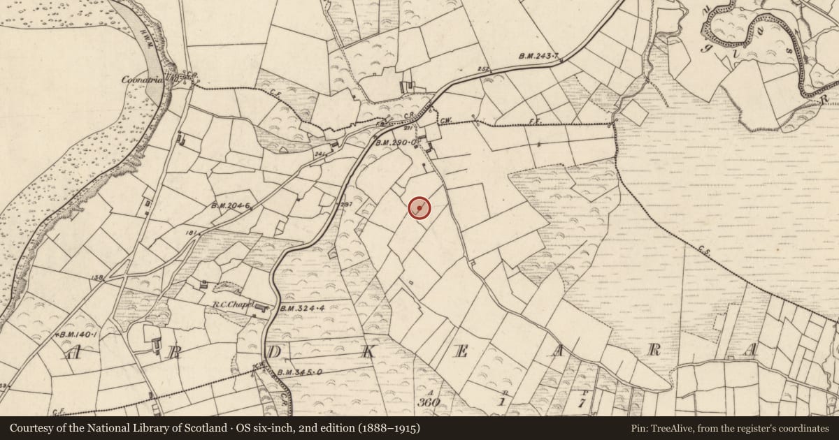 Ordnance Survey six-inch map, 2nd edition (1888–1915) covering the location of Enclosure, Ardkearagh, County Kerry, with a pin at the register's coordinates