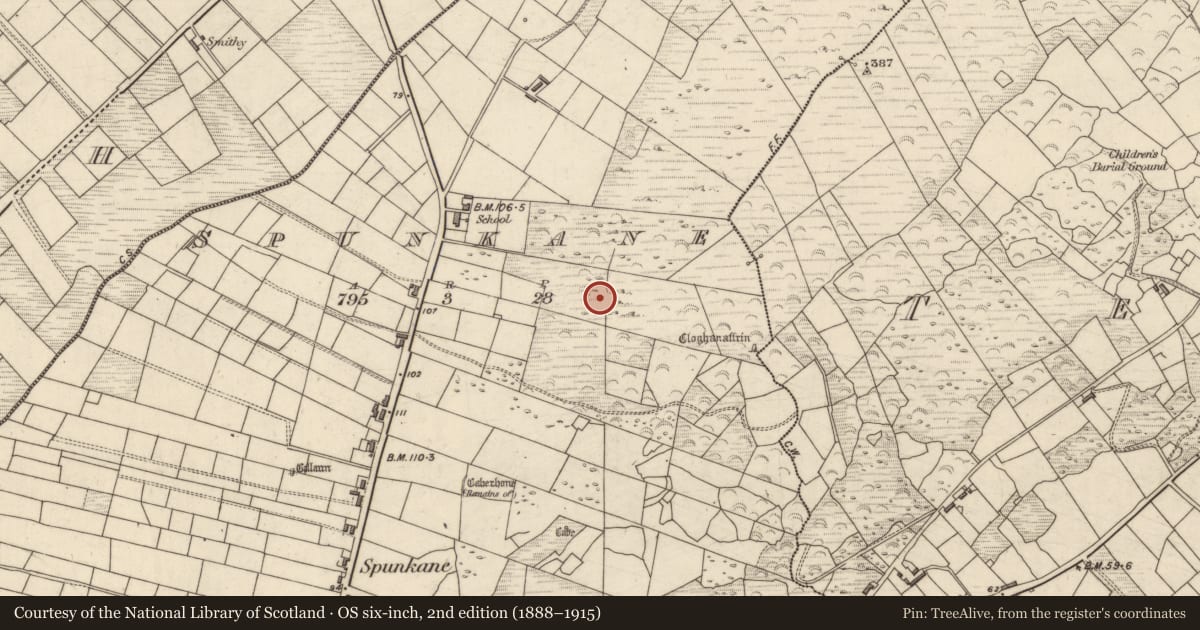 Ordnance Survey six-inch map, 2nd edition (1888–1915) covering the location of Rock art, Spunkane, County Kerry, with a pin at the register's coordinates