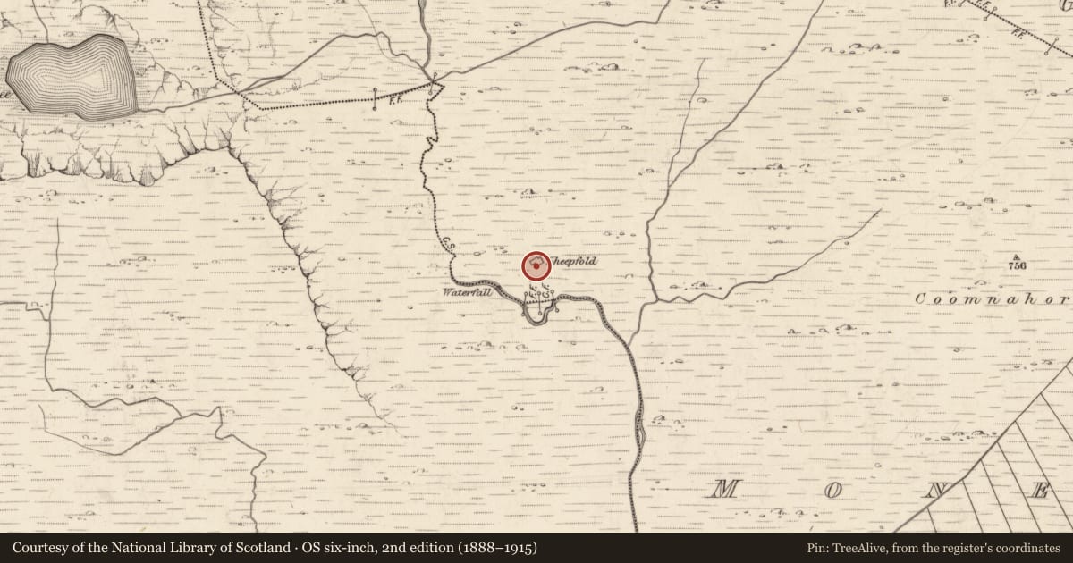 Ordnance Survey six-inch map, 2nd edition (1888–1915) covering the location of Enclosure, Moneyflugh, County Kerry, with a pin at the register's coordinates